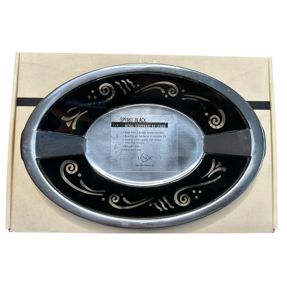 VTG Lenox Metal & Black Glass Bread Tray 8" x 11" Serving Plate Modern Art Deco